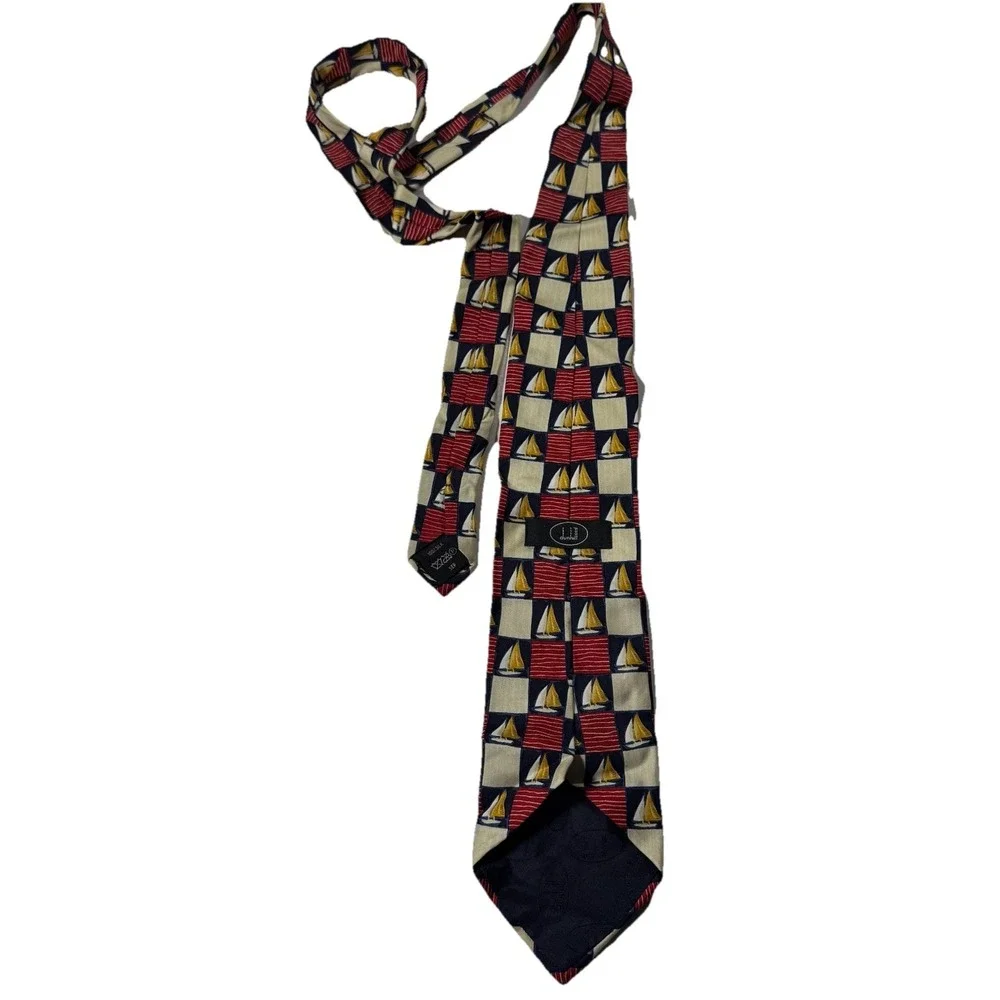 Dunhill Vintage Silk Necktie Red Blue Nautical Sailboat Checker Pattern Tie